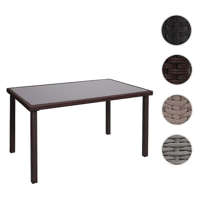 Proregal Gartentisch Poly-Rattan Tisch - L x B x H: 75 x 120 x 71 cm, Eckig, Braun - Abbildung eines rechteckigen Esstisches mit Glasplatte und braunem Rattangeflecht mit Farbmustern für das Rattangeflecht.