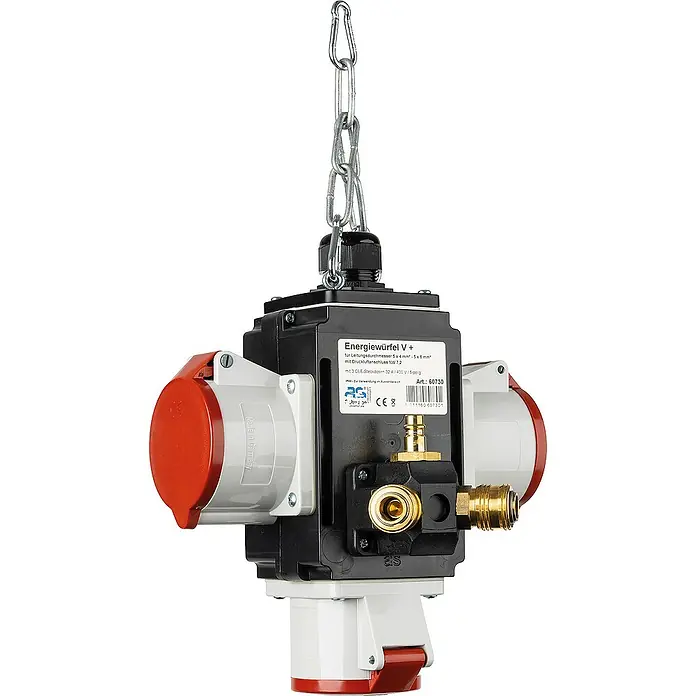 as-schwabe Steckdosenball - 3-fach, Schwarz, IP44 - Das Energiewürfel V+ Stromverteiler-System mit drei CEE-Steckdosen und Druckluftanschluss, ideal für Werkstätten und Baustellen.