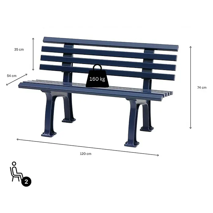Proregal Gartenbank Antigua 2-Sitzer aus Kunststoff - Blau - Abbildung einer blauen Parkbank mit den Maßen 120 cm Länge und einer Gewichtskapazität von 160 kg.