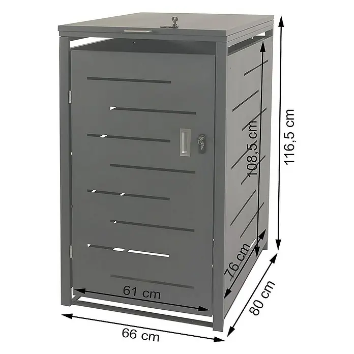 Proregal Mülltonnenbox XL 1er-/2er-Mülltonnenverkleidung - 71 x 98 cm, Metall, Anthrazit, Geeignet für Anzahl Mülltonnen: 2 Stk. - Das Bild zeigt eine graue Mülltonnenbox mit den Maßen 116,5 cm Höhe, 66 cm Breite und 80 cm Tiefe. Die Box hat eine Tür mit horizontalen Schlitzen.