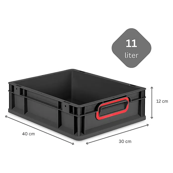 Proregal Eurobox Eurobox NextGen Color - L x B x H: 40 x 30 x 12 cm, Kunststoff, Schwarz, Rot - Graue Kunststoffbox mit rotem Griff und den Maßen 40x30x12 cm und einem Volumen von 11 Litern.