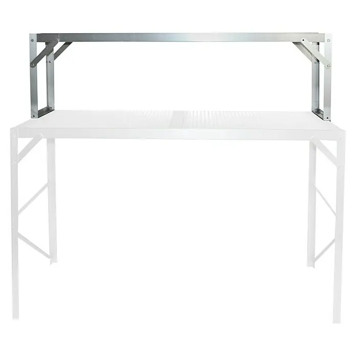 Vitavia Aufsatz für Gewächshaus-Tisch II - 28 x 121 x 39 cm, Aluminium - Bild einer Werkbank mit einem stabilen, silberfarbenen Rahmen für zusätzliche Stabilität und Funktionalität.