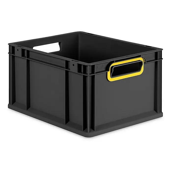 Proregal Eurobox Eurobox NextGen Color - L x B x H: 40 x 30 x 22 cm, Kunststoff, Schwarz, Gelb - Abbildung einer schwarzen Kunststoffbox mit gelben Griffen, ideal für Lagerung und Organisation. Sie ist robust und vielseitig einsetzbar.