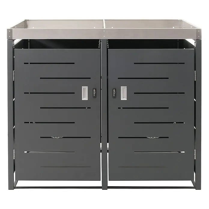 Proregal Mülltonnenbox XL 2er-/4er-Mülltonnenverkleidung - Metall, Edelstahl, Geeignet für Anzahl Mülltonnen: 2 Stk. - Bild eines doppelten Mülltonnenbox-Schranks aus Metall mit horizontalen Schlitzen und silberner Oberseite.