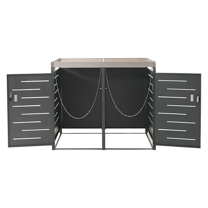 Proregal Mülltonnenbox XL 2er-/4er-Mülltonnenverkleidung - Metall, Edelstahl, Geeignet für Anzahl Mülltonnen: 2 Stk. - Stilvolle Mülltonnenbox aus Metall mit Lamellentüren und stabilen Ketten zur Befestigung. Ideal für die ordentliche Aufbewahrung von Mülltonnen.