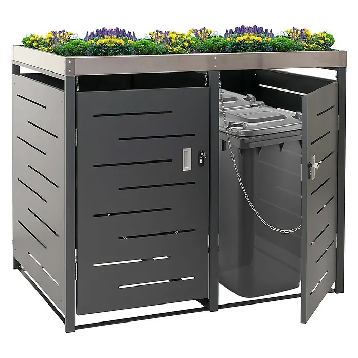 Proregal Mülltonnenbox XL 2er-/4er-Mülltonnenverkleidung - Metall, Edelstahl, Geeignet für Anzahl Mülltonnen: 2 Stk. - Mülltonnenbox mit Pflanzdach, modern und praktisch für die stilvolle Mülltonnenaufbewahrung im Außenbereich.