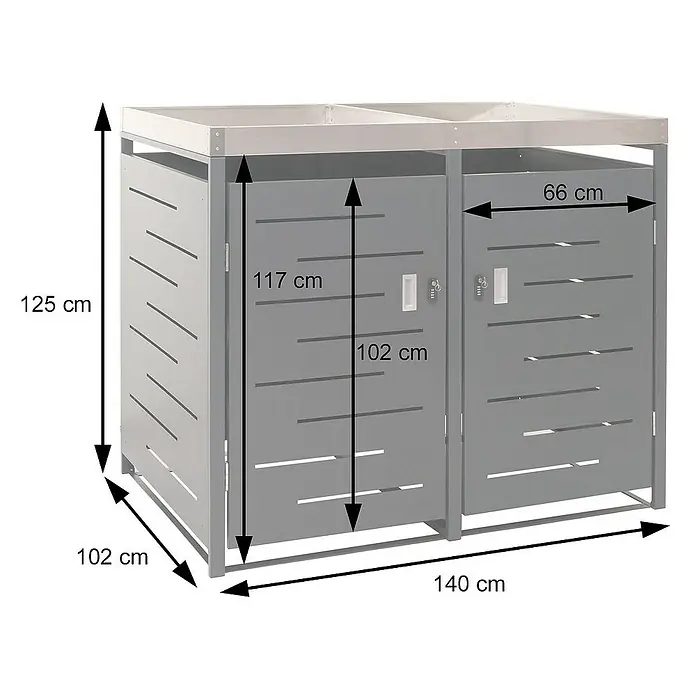Proregal Mülltonnenbox XL 2er-/4er-Mülltonnenverkleidung - Metall, Edelstahl, Geeignet für Anzahl Mülltonnen: 2 Stk. - Abbildung eines Mülltonnenbox-Systems mit Größenangaben. Die Box ist grau mit silbernem Dach. Die Maße sind in Zentimetern angegeben.