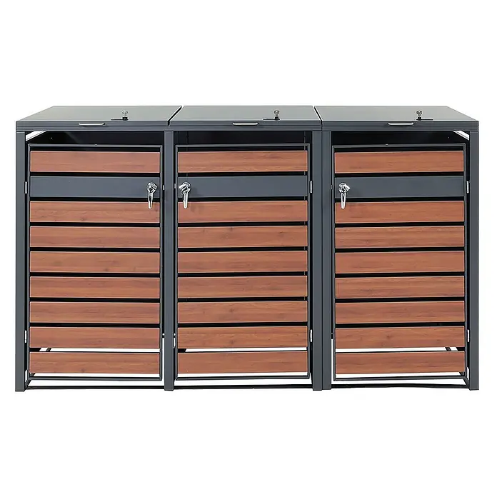 Proregal Mülltonnenbox XL 3er/6er-Mülltonnenverkleidung - 215 x 98 cm, Metall, Kirsche-Holzoptik Dunkelbraun, Geeignet für Anzahl Mülltonnen: 3 Stk. - Eine Dreifach-Mülltonnenbox aus Metall mit Holzverkleidung zur stilvollen Aufbewahrung von Mülltonnen im Außenbereich.