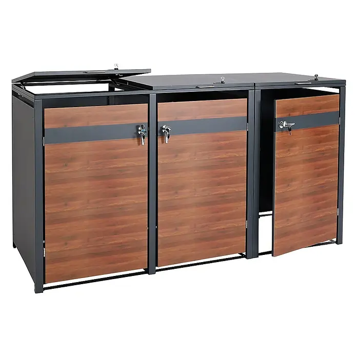 Proregal Mülltonnenbox 3er Mülltonnenverkleidung - 200 x 80 cm, Metall, Kirsche-Holzoptik Dunkelbraun, Geeignet für Anzahl Mülltonnen: 3 Stk. - Mülltonnenbox aus Metall und Holz mit abschließbaren Türen und Deckeln für eine saubere und sichere Müllentsorgung.