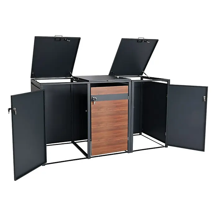 Proregal Mülltonnenbox 3er Mülltonnenverkleidung - 200 x 80 cm, Metall, Kirsche-Holzoptik Dunkelbraun, Geeignet für Anzahl Mülltonnen: 3 Stk. - Mülltonnenbox mit zwei offenen Deckeln und zwei seitlichen Türen, sowie einer Holztür in der Mitte.