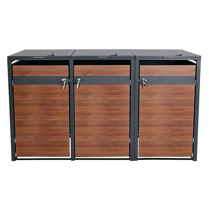 Proregal Mülltonnenbox 3er Mülltonnenverkleidung - 200 x 80 cm, Metall, Kirsche-Holzoptik Dunkelbraun, Geeignet für Anzahl Mülltonnen: 3 Stk. - Hier sehen wir eine hochwertige Mülltonnenbox für drei Tonnen, die mit abschließbaren Türen in Holzoptik und einem stabilen Metallgestell ausgestattet ist.