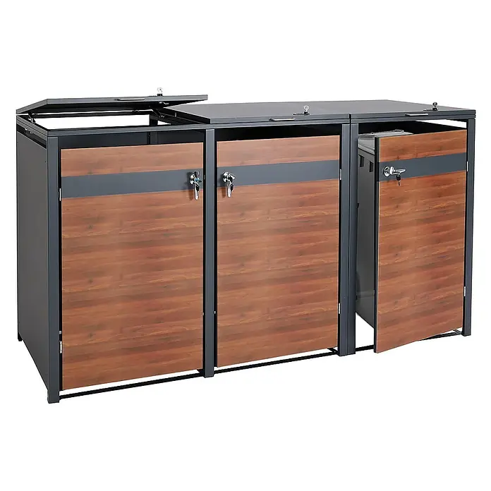 Proregal Mülltonnenbox 3er Mülltonnenverkleidung - 200 x 80 cm, Metall, Kirsche-Holzoptik Dunkelbraun, Geeignet für Anzahl Mülltonnen: 3 Stk. - Mülltrennsystem aus Holz und Metall. Die Abfallbehälter sind mit Schlössern und Klappdeckeln ausgestattet und ideal für die Mülltrennung.