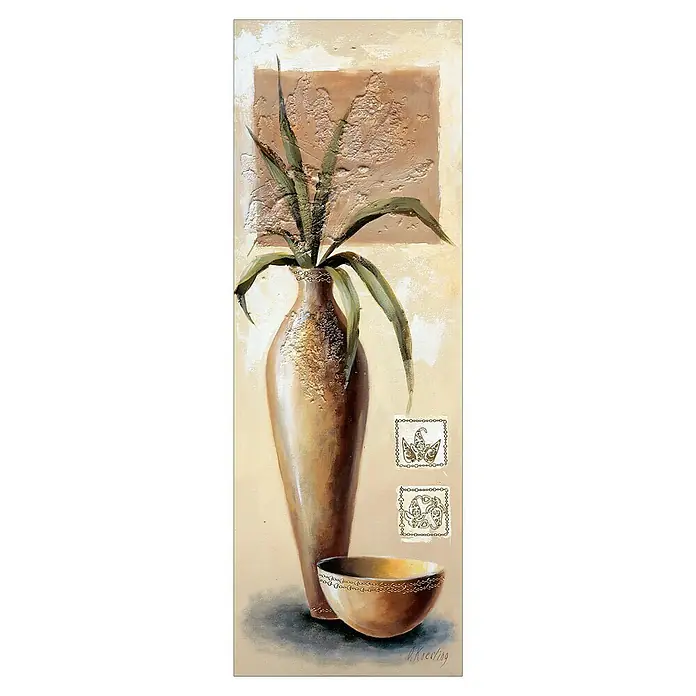ProArt Leinwandbild Konventionel - Italian Still Life II, B x H: 30 x 80 cm - Gemälde mit einer Vase mit Blättern, einer Schale und dekorativen Elementen auf beigem Hintergrund.