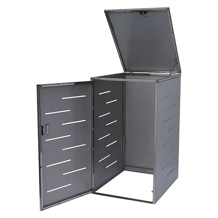 Proregal Mülltonnenbox XL 1er-/2er-Mülltonnenverkleidung - Metall, Edelstahl, Geeignet für Anzahl Mülltonnen: 2 Stk. - Ein Metall-Mülltonnenbox mit offenem Deckel und Tür. Die Box hat horizontale Schlitze für Belüftung.