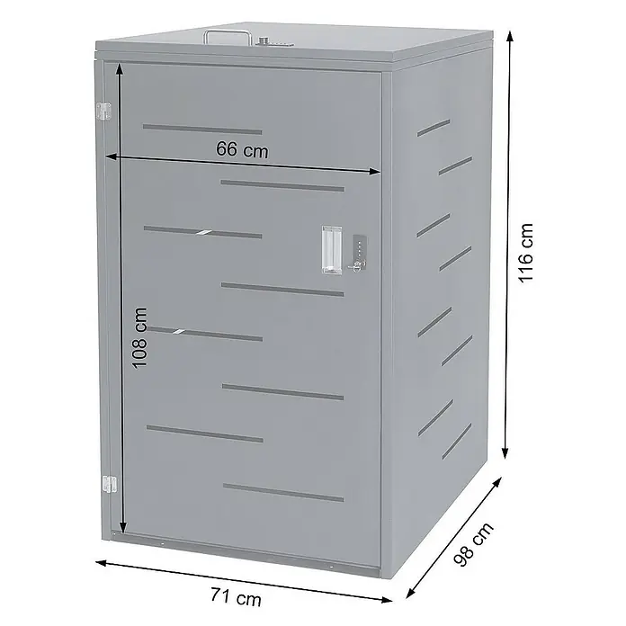 Proregal Mülltonnenbox XL 1er-/2er-Mülltonnenverkleidung - Metall, Edelstahl, Geeignet für Anzahl Mülltonnen: 2 Stk. - Abbildung eines grauen Mülltonnenbox mit Schloss, die ca. 116 cm hoch ist. Praktische Mülltonnenbox für den Außenbereich.