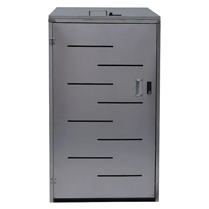 Proregal Mülltonnenbox XL 1er-/2er-Mülltonnenverkleidung - Metall, Edelstahl, Geeignet für Anzahl Mülltonnen: 2 Stk. - Das Bild zeigt einen modernen, abschließbaren Paketkasten aus Edelstahl mit horizontalen Schlitzen und einem Griff. Das Produkt ist für die sichere Paketannahme konzipiert.