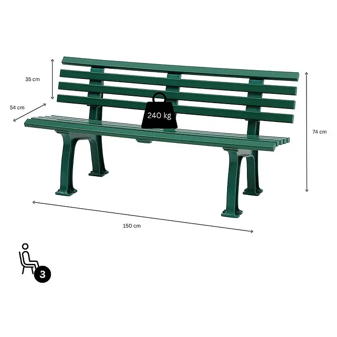 Proregal Gartenbank Antigua 3-Sitzer aus Kunststoff - Grün - Bild einer grünen Parkbank mit Maßen. Die Bank ist 150 cm lang und hat eine Tragkraft von 240 kg. Sie bietet Platz für drei Personen.