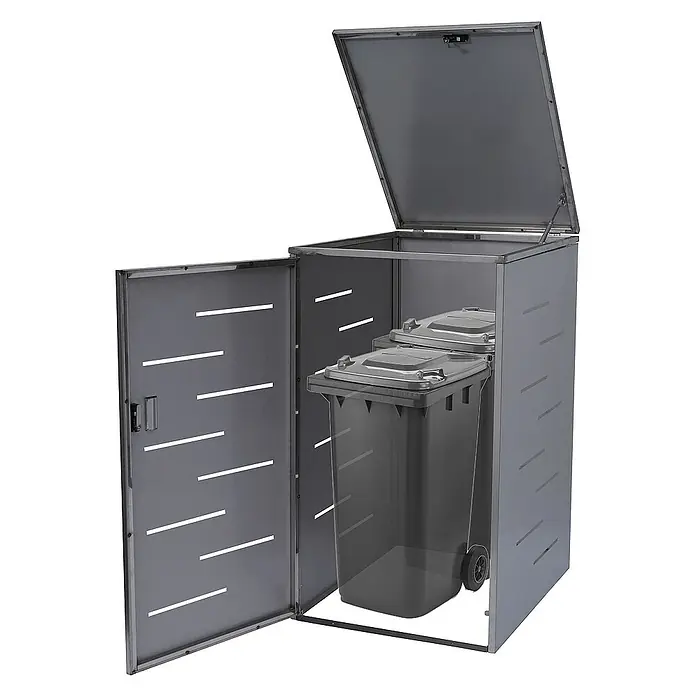 Proregal Mülltonnenbox XL 1er-/2er-Mülltonnenverkleidung - Metall, Edelstahl, Geeignet für Anzahl Mülltonnen: 2 Stk. - Mülltonnenbox aus Metall für zwei Mülltonnen. Der Deckel ist geöffnet, die linke Tür auch.
