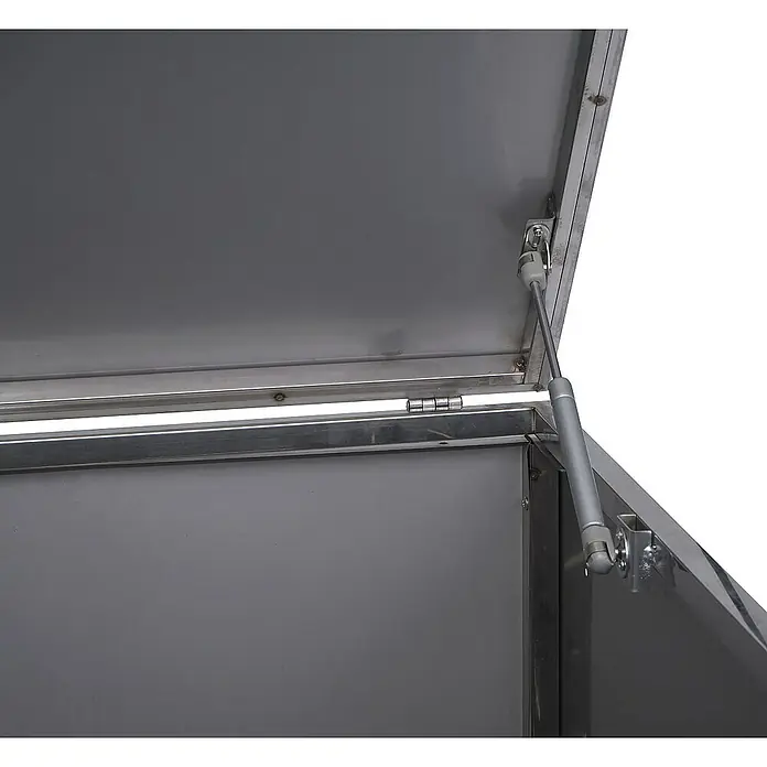 Proregal Mülltonnenbox XL 1er-/2er-Mülltonnenverkleidung - Metall, Edelstahl, Geeignet für Anzahl Mülltonnen: 2 Stk. - Ein Detailaufnahme einer geöffneten, silberfarbenen Werkzeugkiste, die die Mechanik des Deckels und die Bauweise des Produkts zeigt.