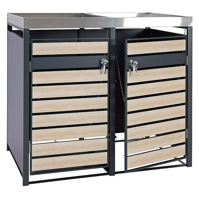 Proregal Mülltonnenbox 2er Mülltonnenverkleidung mit Pflanzkasten - Metall, Buche-Holzoptik, Geeignet für Anzahl Mülltonnen: 2 Stk. - Doppelter Mülltonnenbox mit Holzlattenfront und abschließbaren Türen für den Außenbereich.