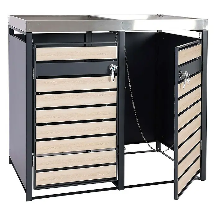 Proregal Mülltonnenbox 2er Mülltonnenverkleidung mit Pflanzkasten - Metall, Buche-Holzoptik, Geeignet für Anzahl Mülltonnen: 2 Stk. - Doppel-Mülltonnenbox mit Holzverkleidung und abschließbaren Türen für eine stilvolle Abfallentsorgung im Außenbereich.