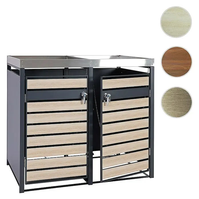 Proregal Mülltonnenbox 2er Mülltonnenverkleidung mit Pflanzkasten - Metall, Buche-Holzoptik, Geeignet für Anzahl Mülltonnen: 2 Stk. - Mülltonnenbox mit zwei Türen und einem Edelstahldeckel für eine stilvolle Mülltonnenverkleidung im Außenbereich.