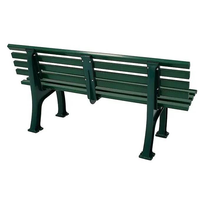 Proregal Gartenbank Antigua 3-Sitzer aus Kunststoff - Grün - Rückansicht einer grünen Parkbank. Die Bank hat eine Lattenrostsitzfläche und -lehne. Die Bankbeine sind aus Gusseisen.