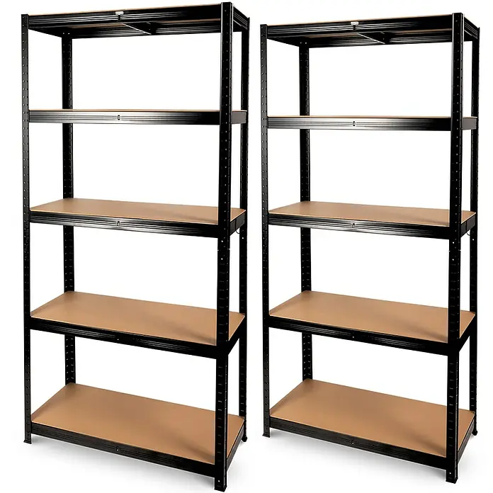 deluxe4home Schwerlastregal - Anzahl Böden: 5 Stk., Schwarz - Zwei schwarze Metallregale mit Holzregalböden im Lagerdesign, ideal für Garage oder Keller. Solide Konstruktion für hohe Belastbarkeit.