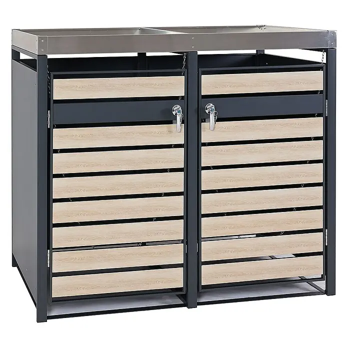 Proregal Mülltonnenbox 2er Mülltonnenverkleidung mit Pflanzkasten - Metall, Buche-Holzoptik, Geeignet für Anzahl Mülltonnen: 2 Stk. - Mülltonnenbox für zwei Mülltonnen mit Holzverkleidung und abschließbaren Türen zur stilvollen Aufbewahrung.