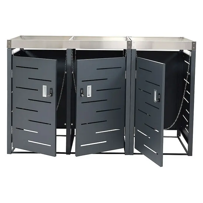Proregal Mülltonnenbox 3er-Mülltonnenverkleidung - Metall, Edelstahl, Geeignet für Anzahl Mülltonnen: 3 Stk. - Mülltonnenbox aus Metall mit drei Fächern und abschließbaren Türen für eine stilvolle Aufbewahrung im Außenbereich.
