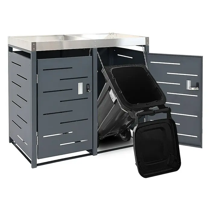 Proregal Mülltonnenbox 3er-Mülltonnenverkleidung - Metall, Edelstahl, Geeignet für Anzahl Mülltonnen: 3 Stk. - Ein Mülltonnenbox-System mit zwei grauen Boxen und Edelstahldeckel, wobei eine Box offen ist und eine Mülltonne mit Deckel zeigt.