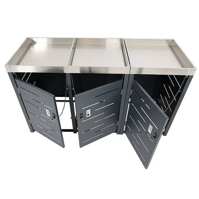 Proregal Mülltonnenbox 3er-Mülltonnenverkleidung - Metall, Edelstahl, Geeignet für Anzahl Mülltonnen: 3 Stk. - Mülltonnenbox mit drei Fächern, Edelstahl-Oberfläche und grauen Türen mit Schlitzen. Praktisch für die Mülltrennung im Außenbereich.