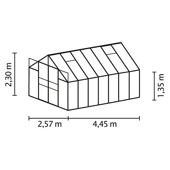 Vitavia Gewächshaus Mars 11500 Plus - Außenmaß inkl. Dachüberstand (B x T): 257 x 445 cm, 6 mm, Aluminium - Bild einer schematischen Darstellung eines Gewächshauses mit Maßangaben zu Höhe, Breite und Länge.