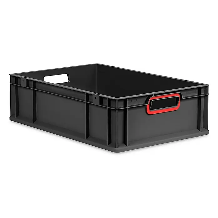 Proregal Eurobox Eurobox NextGen Color - L x B x H: 60 x 40 x 17 cm, Kunststoff, Schwarz, Rot - Abbildung einer schwarzen Lagerbox mit roten Griffen, die sich ideal für Ordnung und Organisation eignet. Solide und stapelbar.