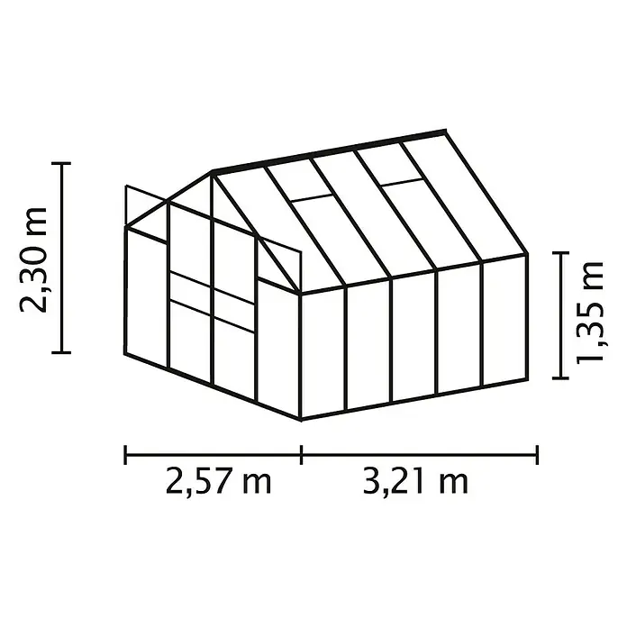 Vitavia Gewächshaus Mars 8300 Plus - Außenmaß inkl. Dachüberstand (B x T): 257 x 321 cm, 4 mm, Schwarz - Abbildung eines Gewächshauses mit den Maßen 2,30 m Höhe, 2,57 m Breite und 3,21 m Länge für den Garten.