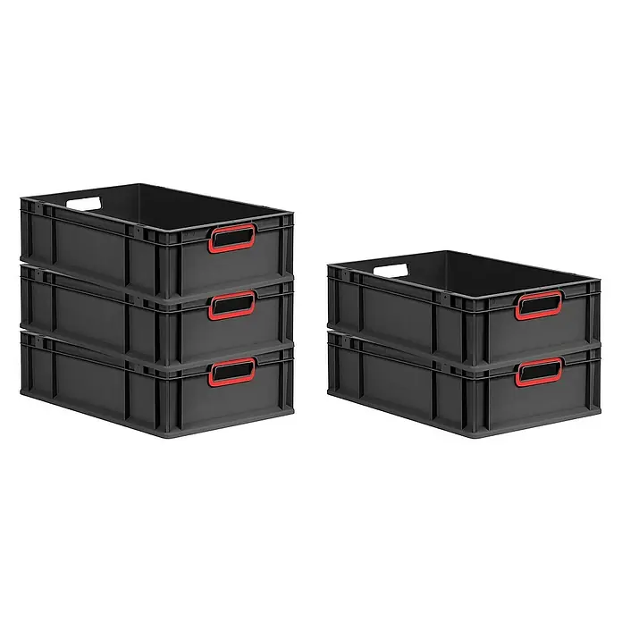 Proregal Eurobox Eurobox NextGen Color - L x B x H: 60 x 40 x 17 cm, Kunststoff, Schwarz, Rot - Dieses Bild zeigt zwei Stapel von grauen Kunststoffboxen mit roten Griffen, die eine praktische Aufbewahrungslösung bieten.