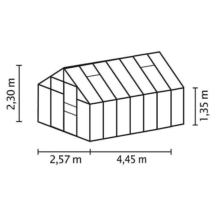 Vitavia Gewächshaus Merkur 11500 Plus - Außenmaß inkl. Dachüberstand (B x T): 257 x 445 cm, 3 mm, Schwarz - Schemazeichnung eines Gewächshauses mit Höhen- und Längenangaben.