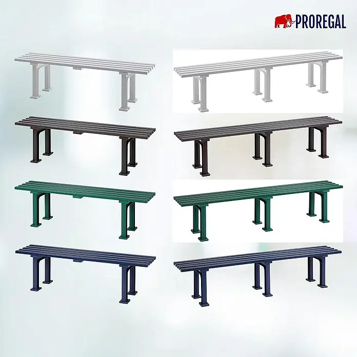Proregal Gartenbank Kuba 3-Sitzer aus Kunststoff - Weiß - Die Abbildung zeigt eine Auswahl an PROREGAL Bänken in verschiedenen Farben, ideal für Umkleideräume und andere öffentliche Bereiche.