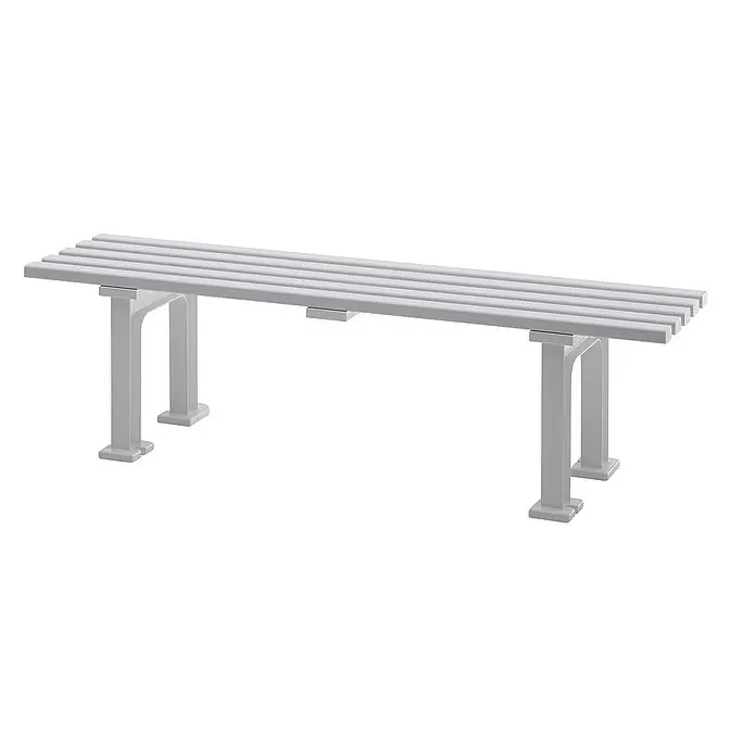 Proregal Gartenbank Kuba 3-Sitzer aus Kunststoff - Weiß - Abbildung einer grauen Bank. Die Bank ist schlicht und modern gestaltet und besteht aus mehreren schmalen Latten und stabilen Beinen.