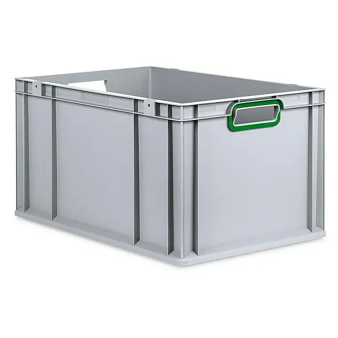 Proregal Eurobox Eurobox NextGen Color - L x B x H: 60 x 40 x 32 cm, Kunststoff, Grau, Grün - Das Bild zeigt eine graue Eurobox aus Kunststoff mit einem grünen Griff. Die Eurobox ist leer und hat ein rechteckiges Design.