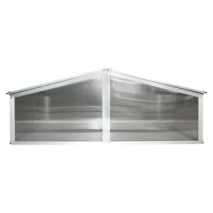 Vitavia Frühbeet Gaia 2X - 100 x 120 x 26 cm, Transparent, Polycarbonat - Aufnahme eines Gewächshauses mit transparenten Wänden und silbernem Rahmen, das für den Gartenbau konzipiert ist.