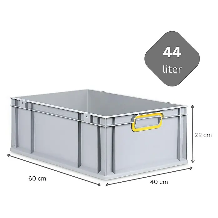 Proregal Eurobox Eurobox NextGen Color - Kunststoff, Grau, Gelb - Abbildung einer grauen 44-Liter-Kunststoffbox mit gelben Griffen und Größenangaben.