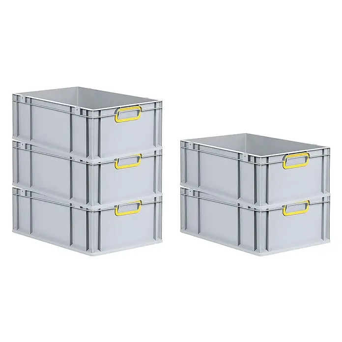 Proregal Eurobox Eurobox NextGen Color - Kunststoff, Grau, Gelb - Das Bild zeigt zwei Stapel grauer Kunststoffbehälter mit gelben Griffen, die sich ideal für Lagerung und Organisation eignen.