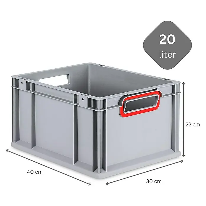 Proregal Eurobox Eurobox NextGen Color - Kunststoff, Grau, Rot - Graue 20-Liter-Aufbewahrungsbox aus Kunststoff mit roten Griffen und den Maßen 40 x 30 x 22 cm.