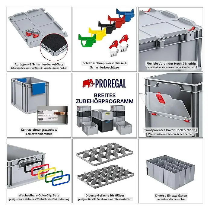 Proregal Eurobox Eurobox NextGen Color - Kunststoff, Grau, Rot - Verschiedene Aufsätze und Zubehörteile für Euroboxen, inklusive Deckel, Verbinder, Etiketten, Farbkennzeichnungen, Fächer und Einsätze.