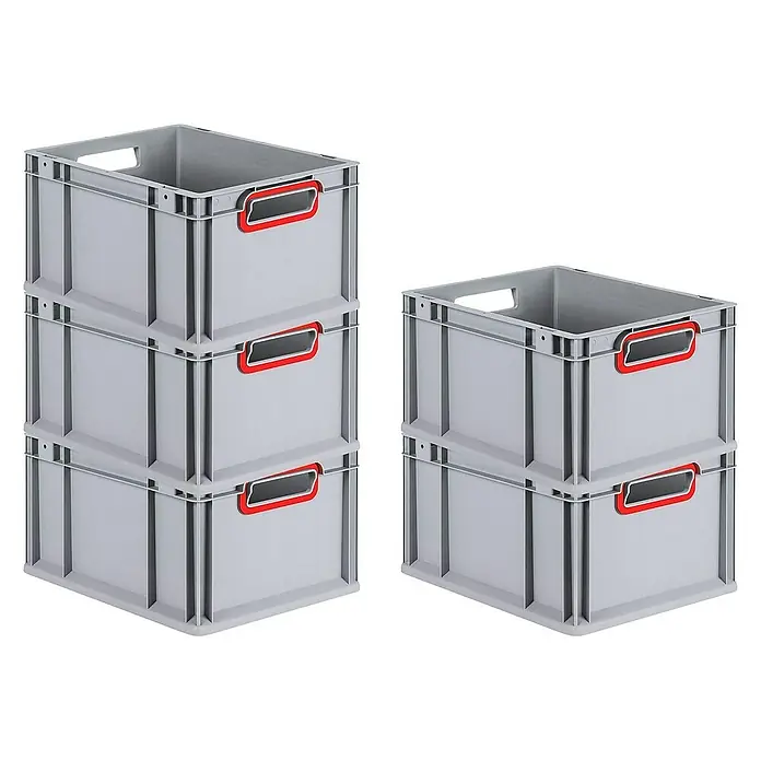 Proregal Eurobox Eurobox NextGen Color - Kunststoff, Grau, Rot - Graue Kunststoffbehälter mit roten Griffen, gestapelt in zwei verschiedenen Konfigurationen. Ideal für Lagerung und Organisation.