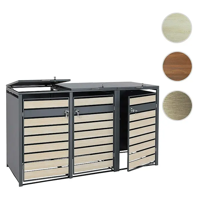 Proregal Mülltonnenbox 3er Mülltonnenverkleidung - Metall, Buche-Holzoptik Hellbraun, Geeignet für Anzahl Mülltonnen: 3 Stk. - Abfalltonnenbox mit drei Fächern und Holzverkleidung, ideal zur Mülltrennung im Außenbereich. Mit abschließbaren Türen und Deckeln.