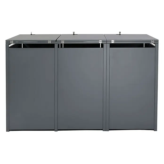 Proregal Mülltonnenbox 3er Mülltonnenverkleidung - Metall, Buche-Holzoptik Hellbraun, Geeignet für Anzahl Mülltonnen: 3 Stk. - Ein graues Mülltonnenbox-System für die Mülltrennung. Die Boxen haben Klappdeckel mit Schlössern.