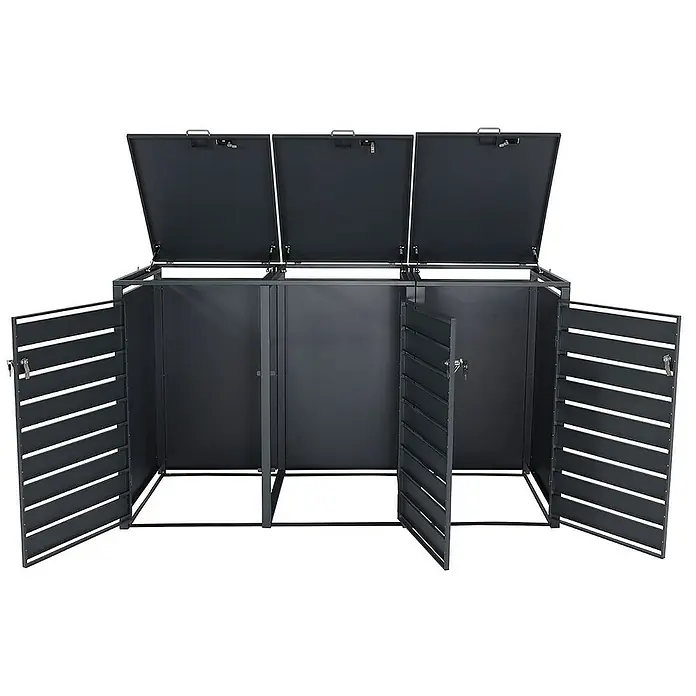 Proregal Mülltonnenbox 3er Mülltonnenverkleidung - Metall, Buche-Holzoptik Hellbraun, Geeignet für Anzahl Mülltonnen: 3 Stk. - Ein dreifacher Mülltonnenbox mit offenen Deckeln und Türen, ideal für die diskrete Aufbewahrung von Mülltonnen im Außenbereich.