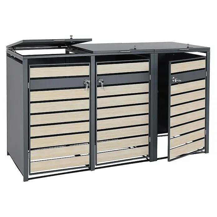 Proregal Mülltonnenbox 3er Mülltonnenverkleidung - Metall, Buche-Holzoptik Hellbraun, Geeignet für Anzahl Mülltonnen: 3 Stk. - Ein Mülltonnenbox-System mit drei Fächern, grauem Metallrahmen und hellen Holzlatten, bietet eine stilvolle Lösung zur Mülltrennung im Außenbereich.